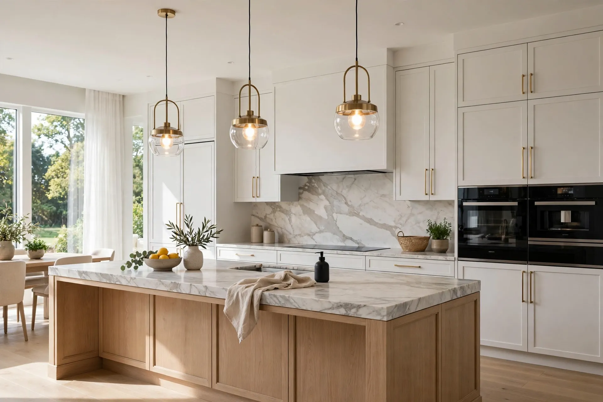 Luxury custom kitchen with a large island, smart appliances, and pendant lighting