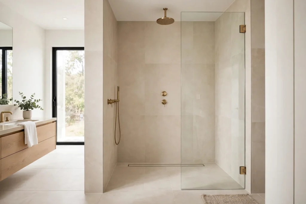Curbless walk-in shower with large tiles and a linear drain in a luxury bathroom