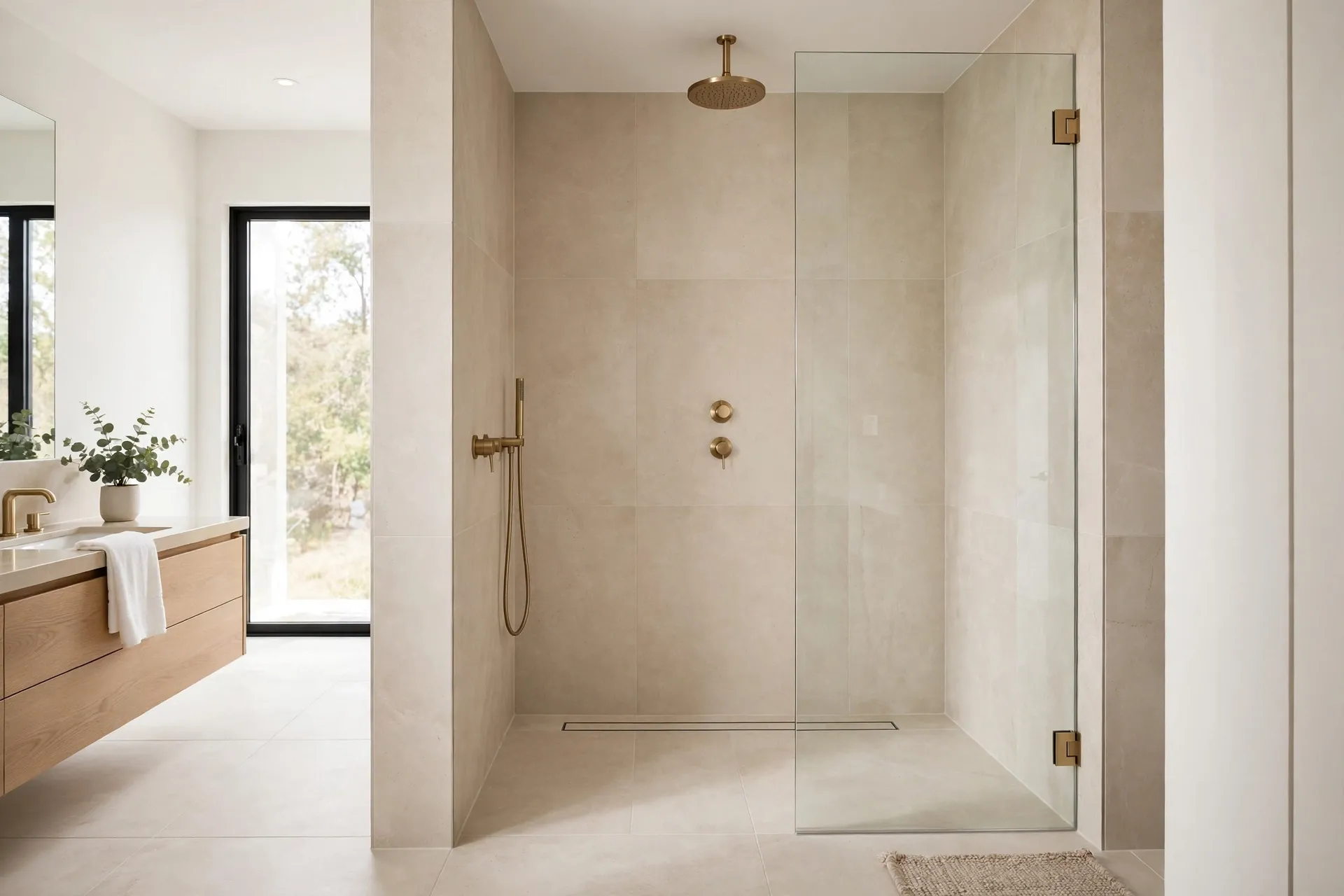 Curbless walk-in shower with large tiles and a linear drain in a luxury bathroom